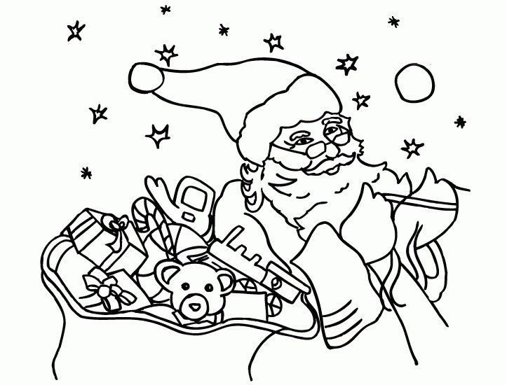 Mikołaj w okularach z workiem prezentów kolorowanka do druku